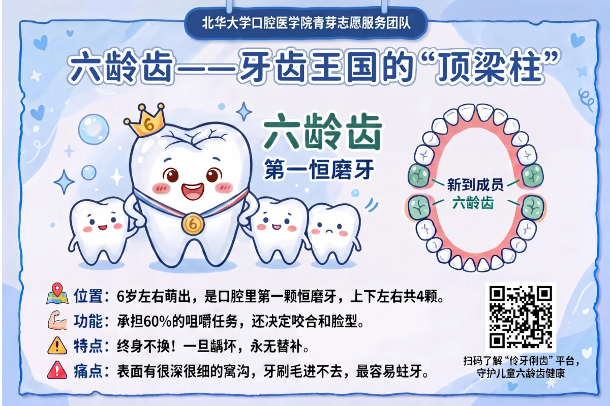 六龄齿科普明信片实物扫描(正面:牙齿王国主题插画与六龄齿核心知识)